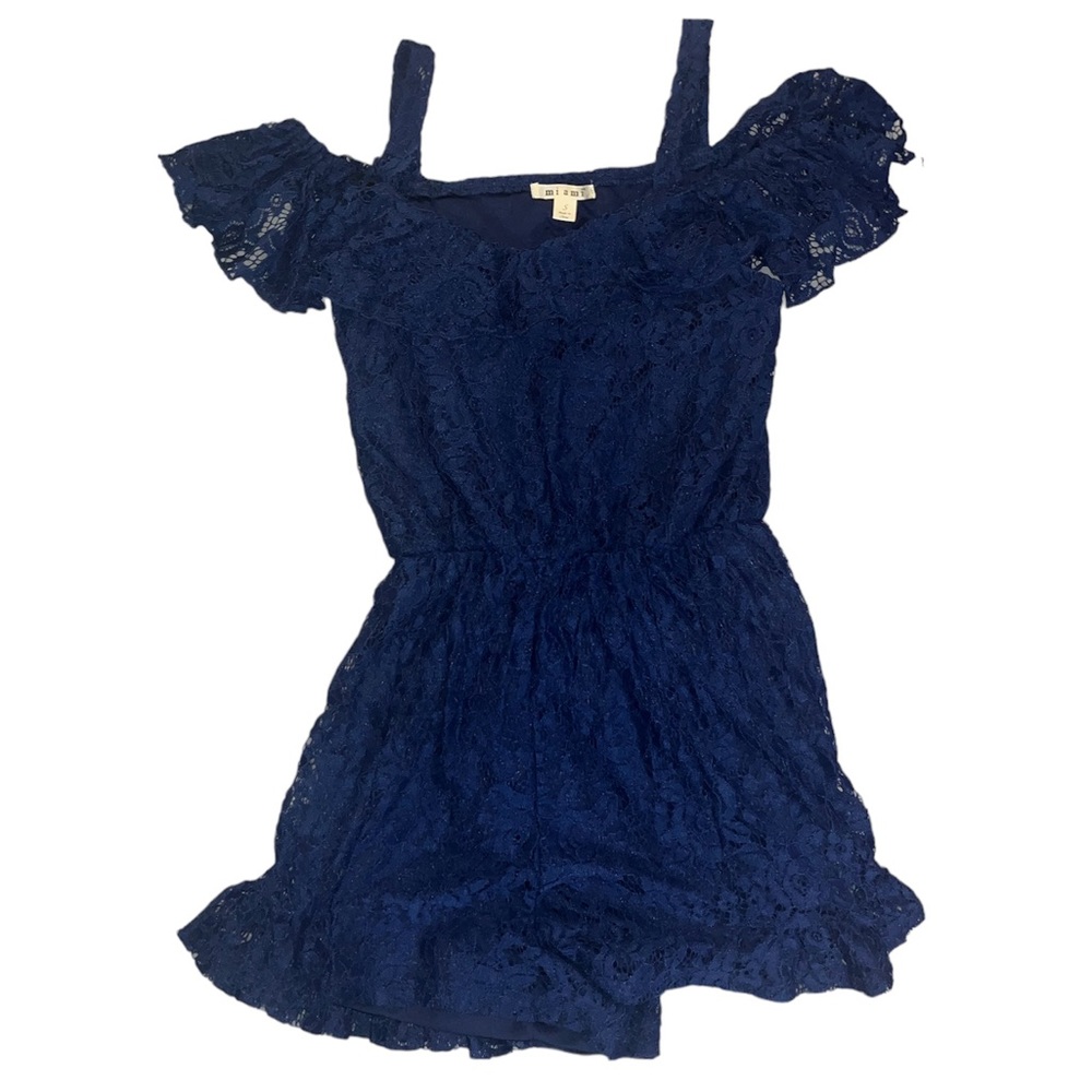 Francesca’s Miami Lace Dark Blue Off Shoulder Romper Size Small